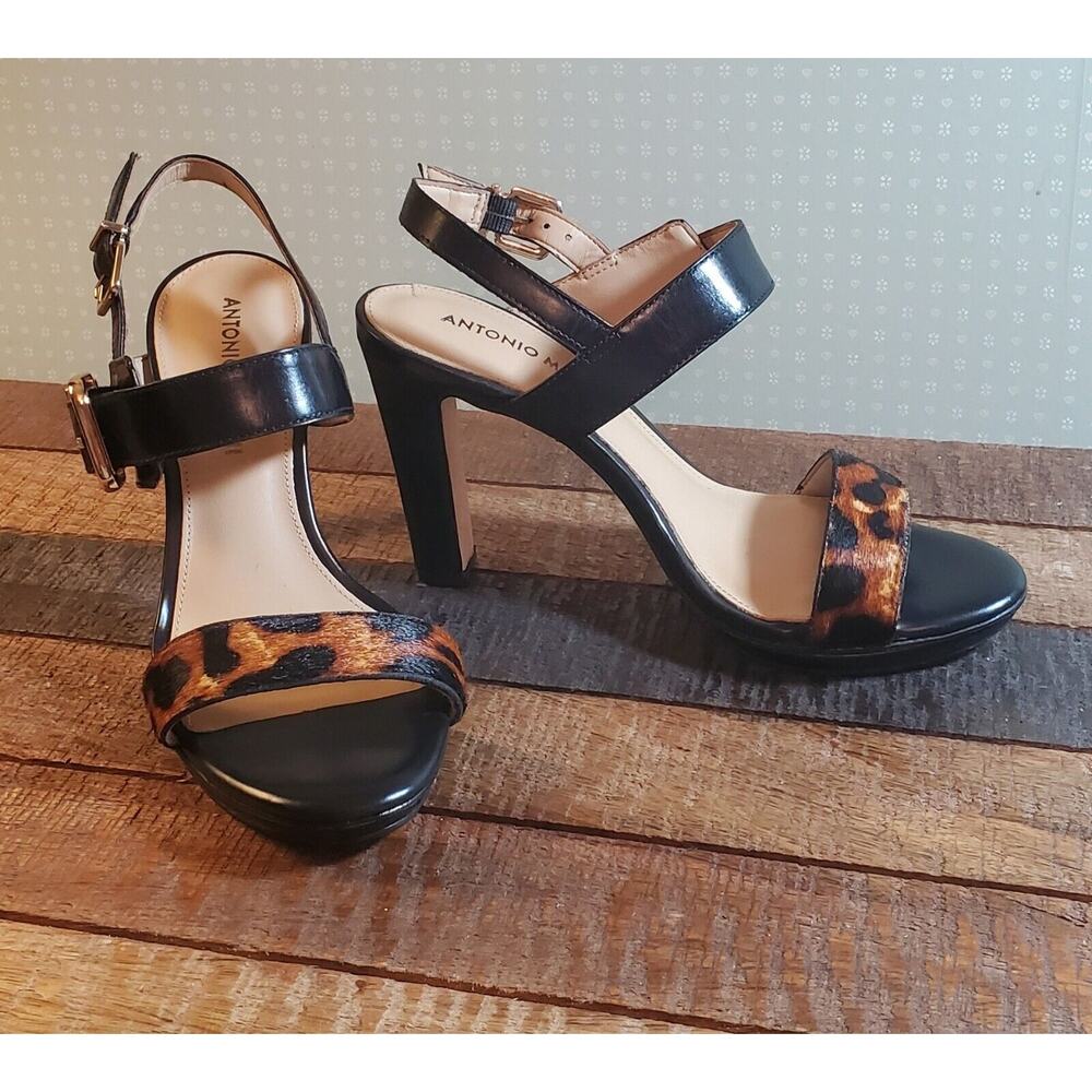 Antonio Melani Leopard Black Strappy Summer Fall Cocktail Block Heels Women Sz 7
